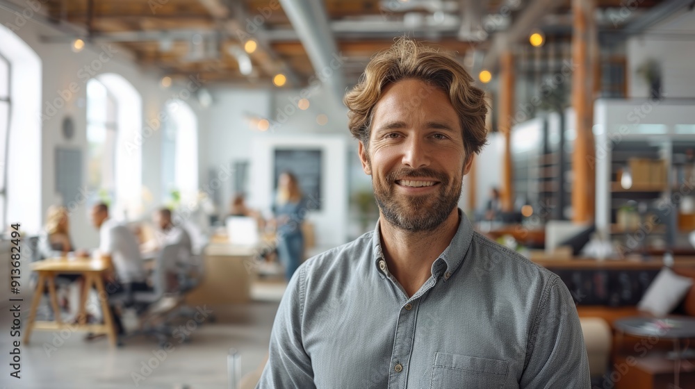 Fototapeta premium Happy Man Smiling While Standing in Modern Office During Busy Workday