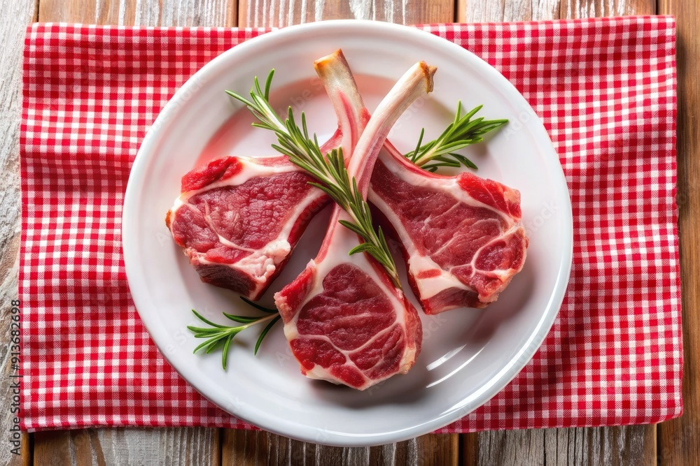 Two juicy raw lamb chops arranged artfully on a white plate, set against a rustic red and white checkered background. Two juicy raw lamb chops arranged artfully on a white plate, set against a rustic red and white checkered background.