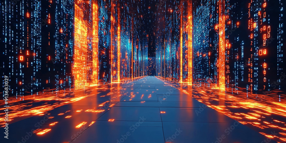 Naklejka premium Digital binary code data streaming on a dark background