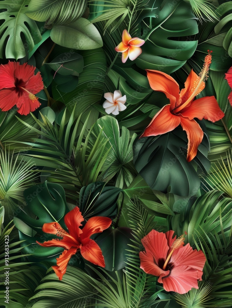 Seamless watercolor pattern depicting a tropical paradise with exotic flowers and plants Seamless watercolor pattern depicting a tropical paradise with exotic flowers and plants