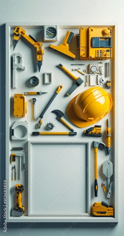 collection construction tools and equipment, including hammers, wrenches, pliers, and hard hat, are arranged collection construction tools and equipment, including hammers, wrenches, pliers, and hard hat, are arranged