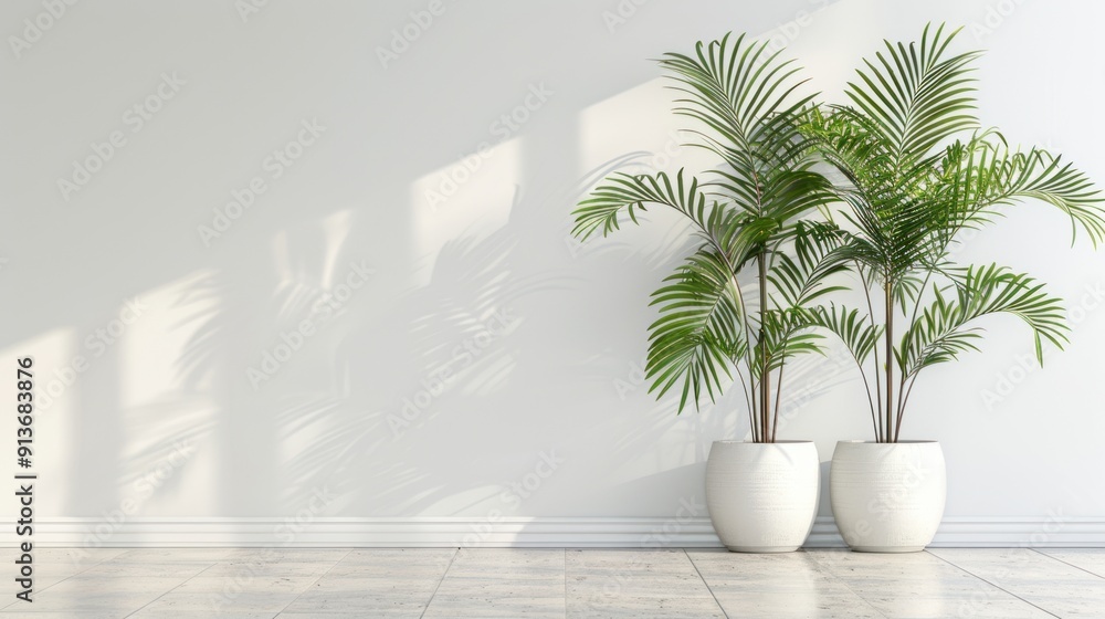 Two Palm Trees in White Pots Against a White Wall Two Palm Trees in White Pots Against a White Wall