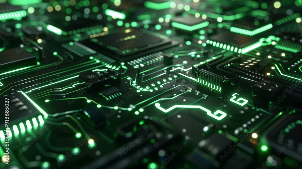 Circuit Board with Glowing Green Lines for your background business, poster, wallpaper, banner, backdrop, greeting cards, and advertising for business entities or brands. Circuit Board with Glowing Green Lines for your background business, poster, wallpaper, banner, backdrop, greeting cards, and advertising for business entities or brands.