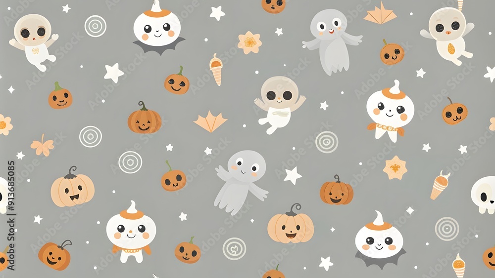 Baby seamless pattern Happy Halloween. Cute kid's background. Cartoon pumpkin, ghost, bat, skull, and spider. Modern Design for celebration, fabric, packaging Baby seamless pattern Happy Halloween. Cute kid's background. Cartoon pumpkin, ghost, bat, skull, and spider. Modern Design for celebration, fabric, packaging