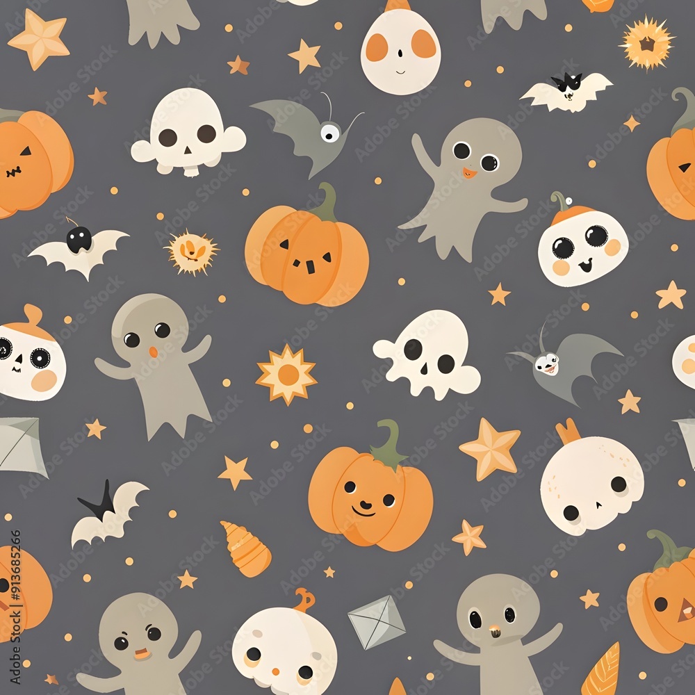 Baby seamless pattern Happy Halloween. Cute kid's background. Cartoon pumpkin, ghost, bat, skull, and spider. Modern Design for celebration, fabric, packaging Baby seamless pattern Happy Halloween. Cute kid's background. Cartoon pumpkin, ghost, bat, skull, and spider. Modern Design for celebration, fabric, packaging