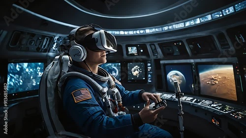 Virtual reality space exploration animation. Featuring VR headsets, interactive simulations & immersive space environment tours. Step into the cosmos with VR technology in motion. photo