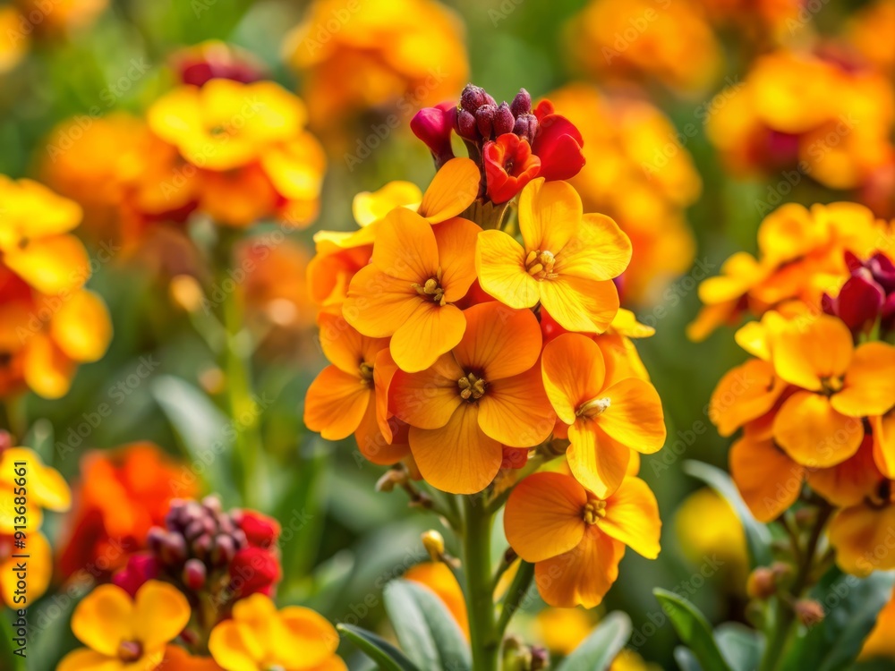 Vibrant yellow and orange blossoms of Erysimum Cheiri flowers bloom in a lush green landscape during spring season. Vibrant yellow and orange blossoms of Erysimum Cheiri flowers bloom in a lush green landscape during spring season.