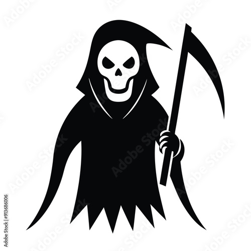 Halloween Horror Reaper Icon, Black and White Vector Art