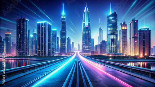 A futuristic highway stretches into the horizon, lined with sleek skyscrapers and neon lights, symbolizing innovation, progress, and a bright technological tomorrow.