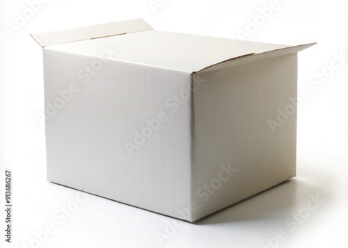 Isolated white cardboard box with securely closed flaps stands upright on a clean and minimalist white background, awaiting contents. photo