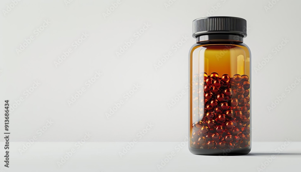 A bottle with a cover stating Fatty Oil Capsules on solid white background, single object A bottle with a cover stating Fatty Oil Capsules on solid white background, single object