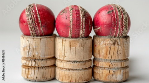   A red cricket balls with a stitched seam, sitting on wooden stumps. photo