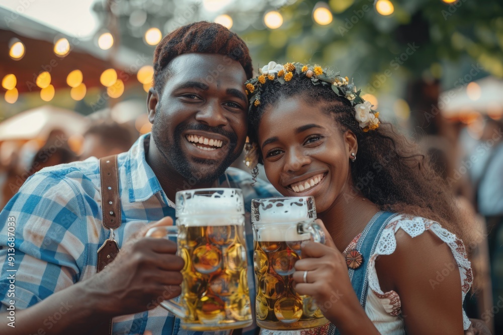 Joyful African American Couple Celebrating Oktoberfest with Beer Mugs and Festive Atmosphere - Ideal for Social Media, Posters, and Holiday Celebrations Joyful African American Couple Celebrating Oktoberfest with Beer Mugs and Festive Atmosphere - Ideal for Social Media, Posters, and Holiday Celebrations