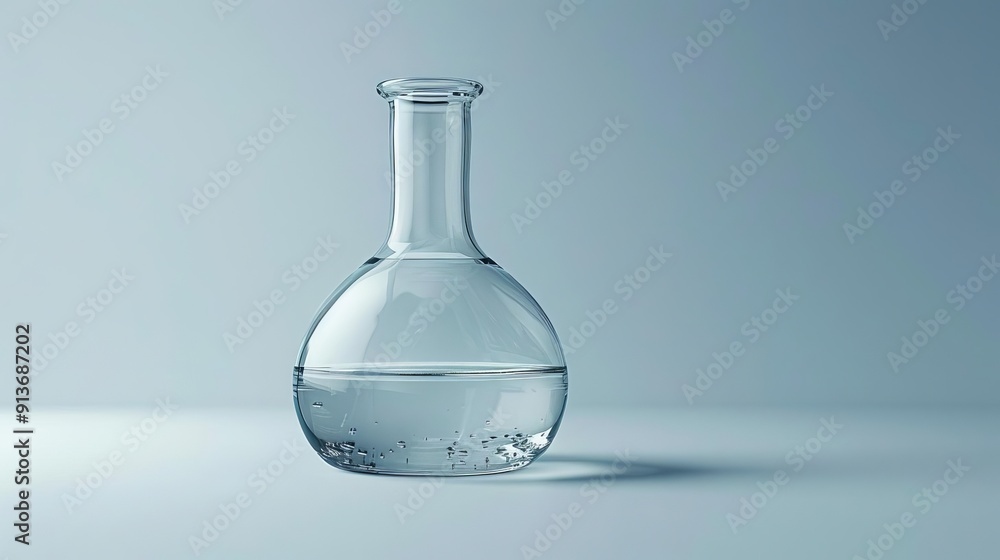 A clear, fragile flask of nutrient solution on solid white background, single object A clear, fragile flask of nutrient solution on solid white background, single object