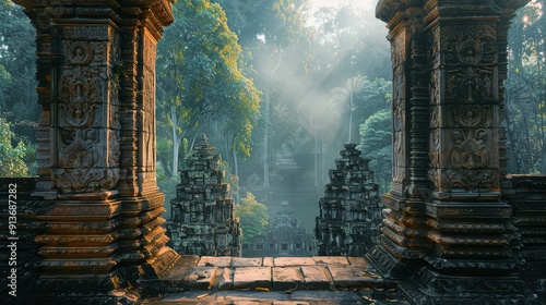 Fototapeta Naklejka Na Ścianę i Meble -  Majestic stone pillars frame a view of ancient temple ruins, shrouded in lush jungle foliage. The sunlight pierces through the trees, casting a golden glow, symbolizing the passage of time
