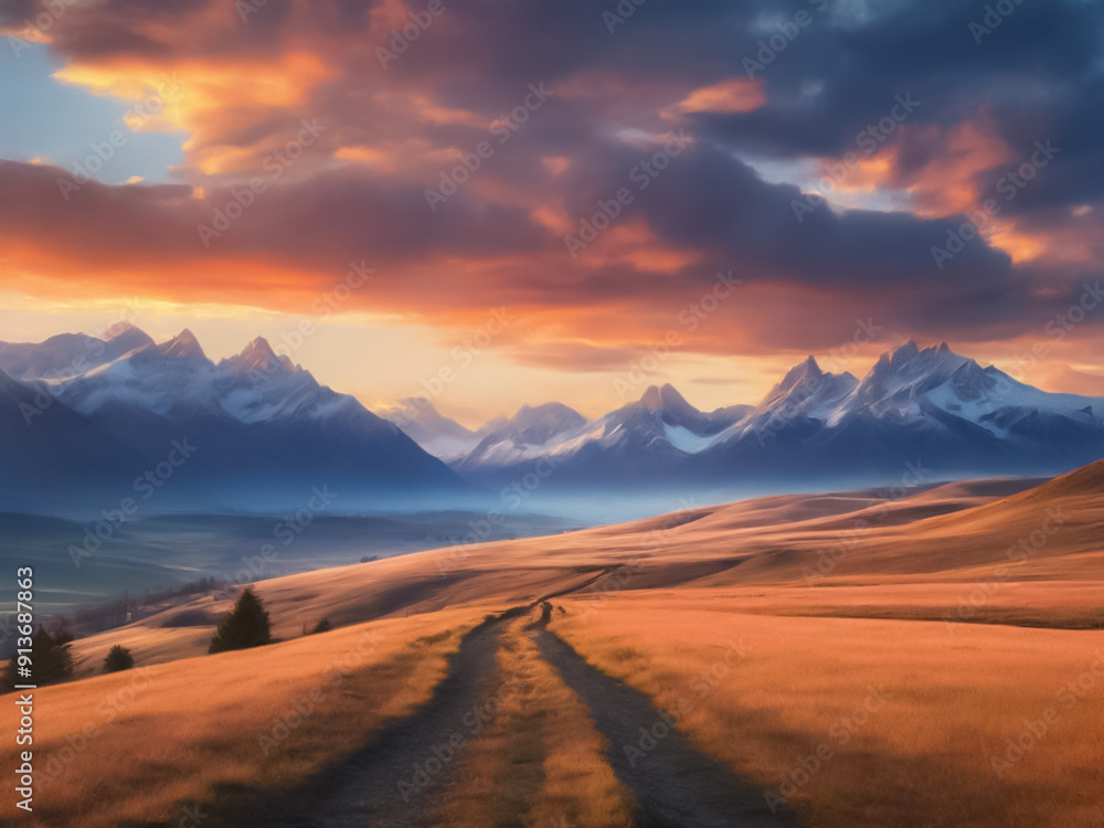 path in the field against the background of high mountains and a beautiful sunset path in the field against the background of high mountains and a beautiful sunset