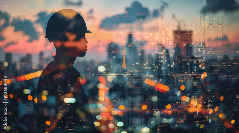 The silhouette of a construction worker wearing a hard hat stands in front of a cityscape at sunset, symbolizing progress, urban development, construction, and the future of cities. The silhouette of a construction worker wearing a hard hat stands in front of a cityscape at sunset, symbolizing progress, urban development, construction, and the future of cities.
