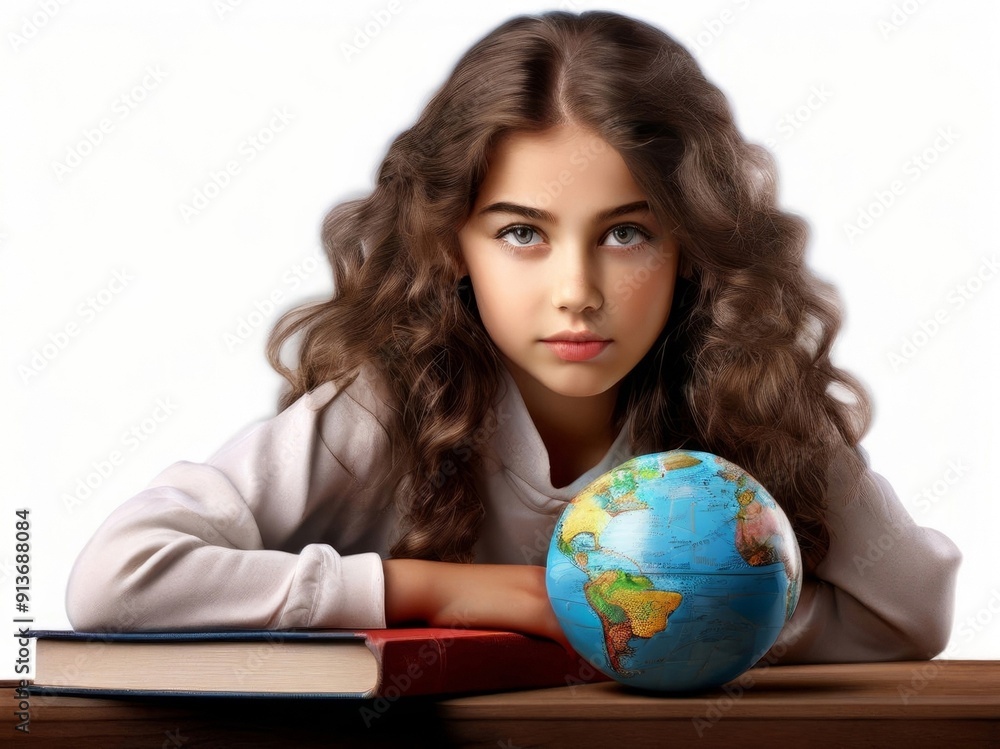 A girl student sits at a table with a globe and a red apple atop a stack of books, set against an isolated white background. AI generated.
A girl student sits at a table with a globe and a red apple atop a stack of books, set against an isolated white background. AI generated.