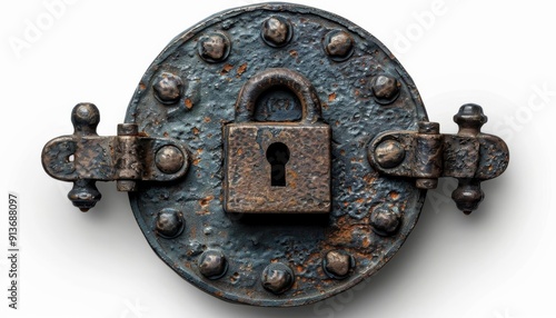 A lock in the center of a protective seal on solid white background, single object photo