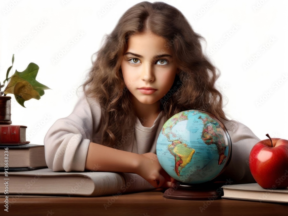 A girl student sits at a table with a red apple atop a stack of books, set against an isolated white background. AI generated.
A girl student sits at a table with a red apple atop a stack of books, set against an isolated white background. AI generated.
