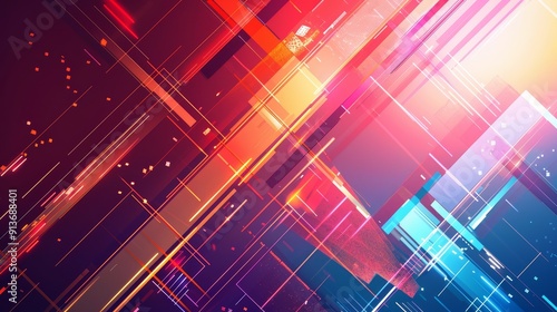 This abstract digital art features a vibrant color scheme with bright red, orange, yellow, pink, blue, and white hues