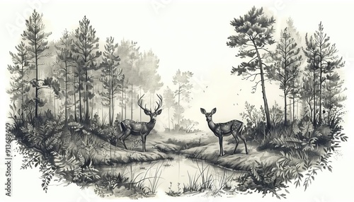 A serene forest clearing with deer, peaceful wildlife, graphite drawing, realistic shading, isolated on white background photo