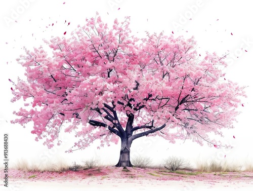 A serene Japanese cherry blossom park, blossoming beauty, ukiyoe style, soft pastels, isolated on white background