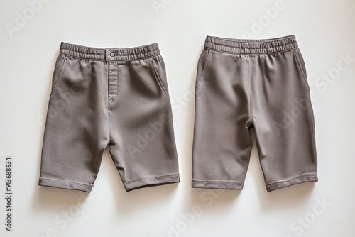 Two pairs of gray shorts on white background, front and back views