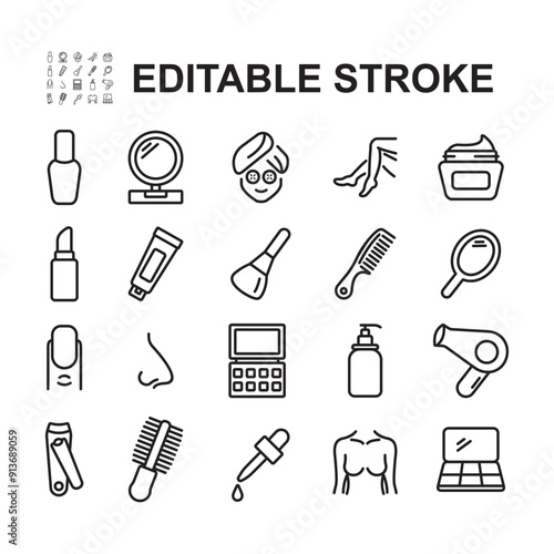 Collection of cosmetic and beauty icons. Made in thin line style. Contains icons such as make up tools, facial care, and so on.