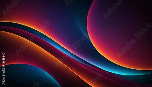 vibrant abstract composition features curved lines in shades orange, blue, and purple, creating dynamic and