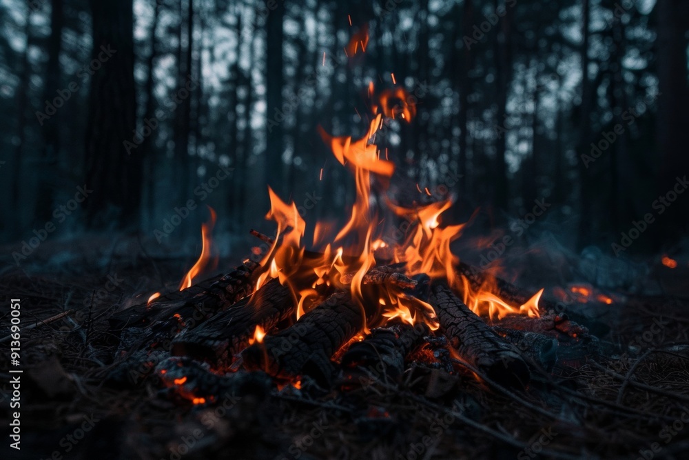 Flickering flames in a forest scene, turning wood to coal Flickering flames in a forest scene, turning wood to coal