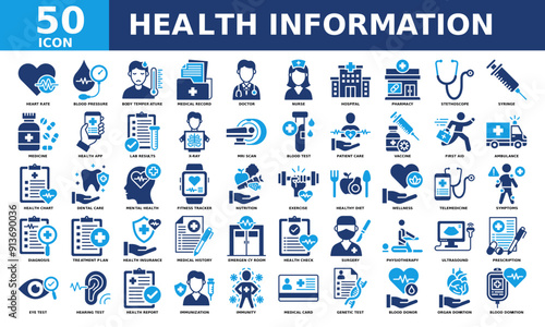 Health information icon collection set. Simple color fill vector.