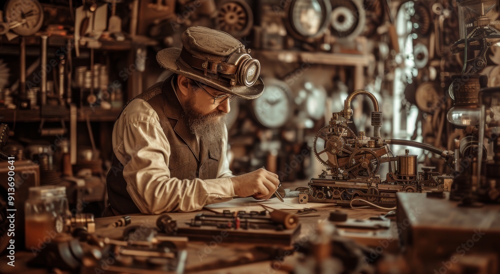 An inventor in a steampunk workshop surrounded by gears and mechanical devices. An inventor in a steampunk workshop surrounded by gears and mechanical devices.