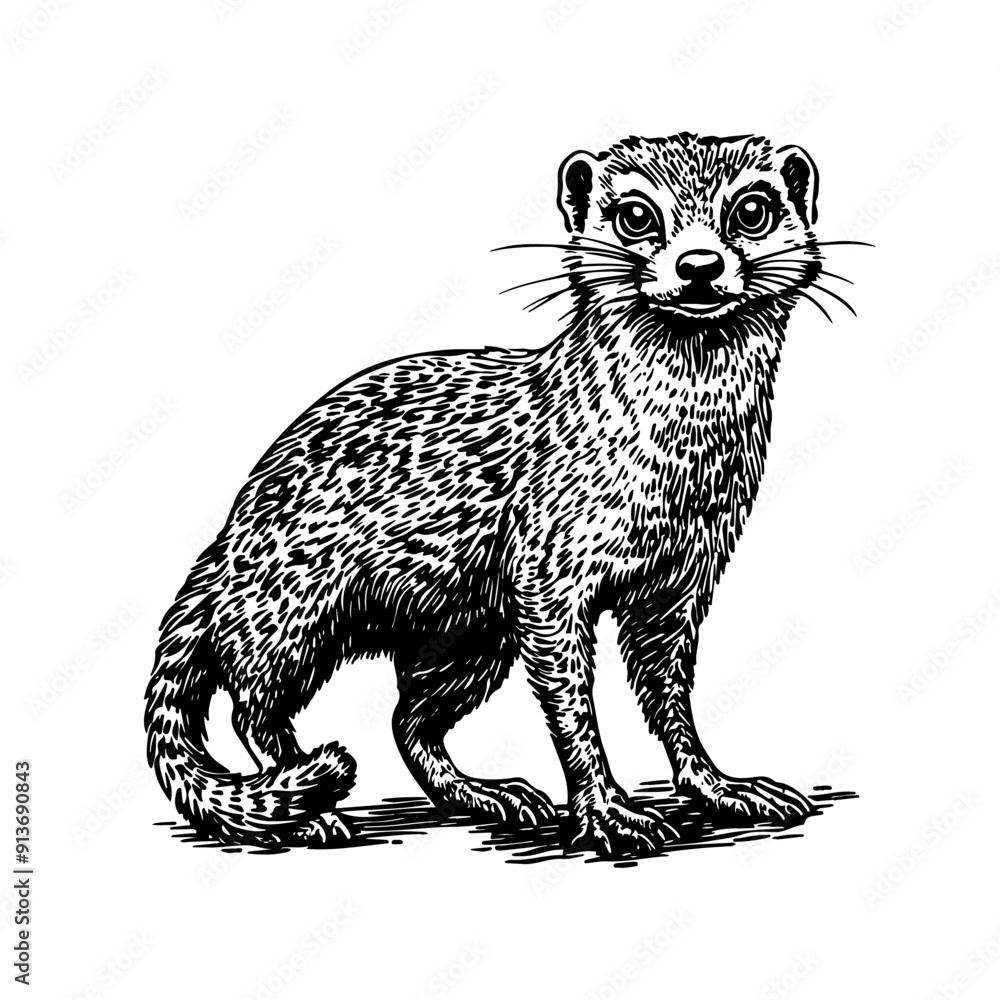 Obraz premium Vector illustration of a mongoose in the style of a black-and-white vintage engraving with detailed line and texture work, an elegant and refined drawing for print and design