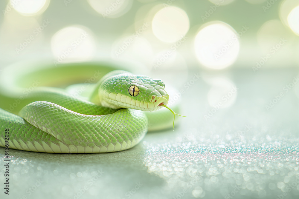 Obraz premium Close-up of a green snake with intricate scales lying on glittering sand. Golden bokeh lights create a magical and exotic atmosphere. A New Year's banner symbolising the Year of the Green Snake is use