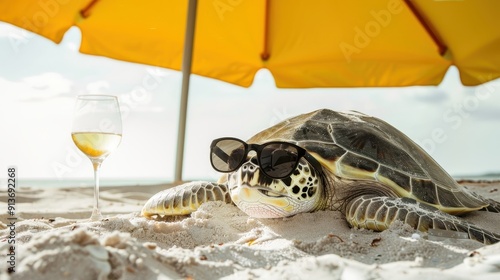 Chill turtle with sunglasses reclining on the sand, a glass of white wine next to it, under a yellow beach umbrella photo