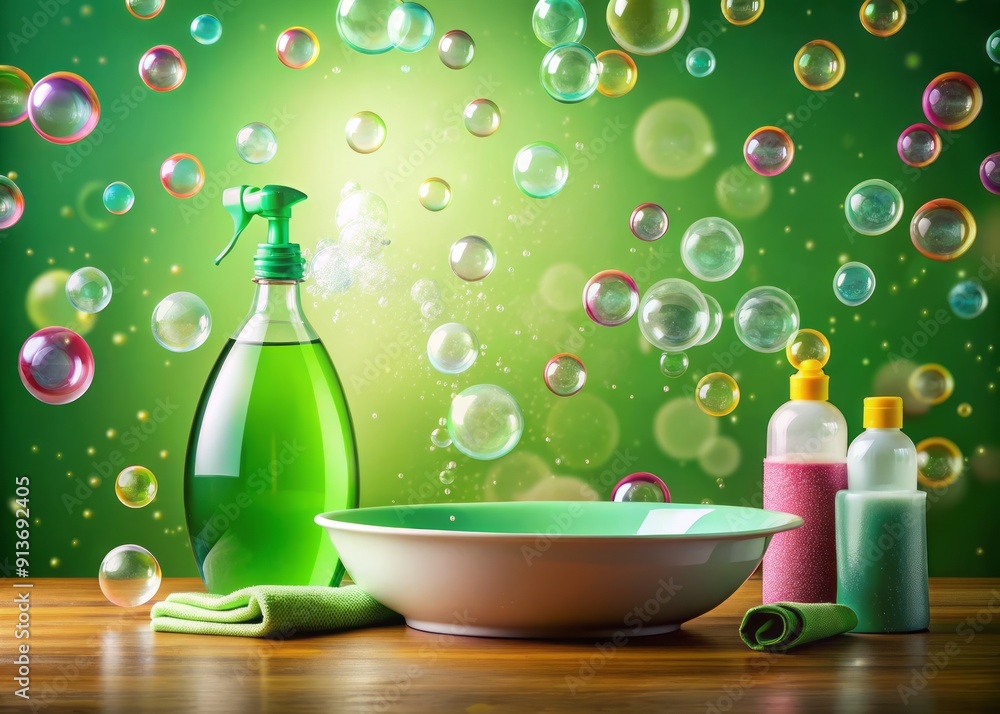 Colorful soap bubbles float on a green background, surrounding a sparkling clean bowl, pan, and bottle, symbolizing effective cleaning solutions. Colorful soap bubbles float on a green background, surrounding a sparkling clean bowl, pan, and bottle, symbolizing effective cleaning solutions.