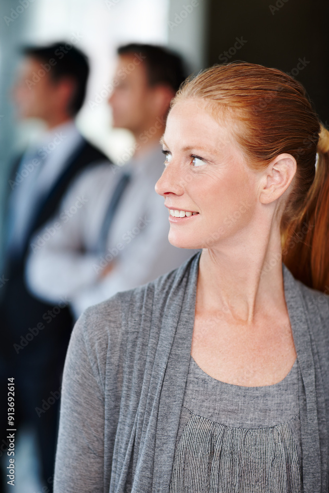 Business, thinking and woman in office with smile for corporate career, job and planning at work. Happy, paralegal and idea with vision at law firm for legal assistance, workshop and company support Business, thinking and woman in office with smile for corporate career, job and planning at work. Happy, paralegal and idea with vision at law firm for legal assistance, workshop and company support