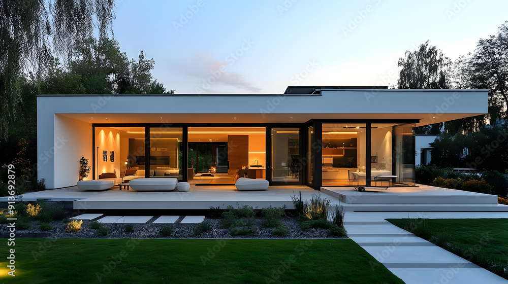 Modern home exterior with large windows and patio. Modern home exterior with large windows and patio.