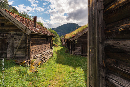 A path or street leading through a traditional Norwegian village.