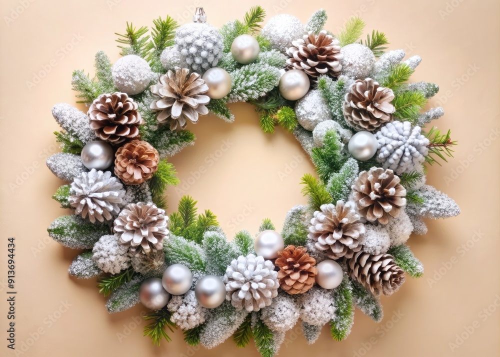 Frosted pinecone and leaf wreath adorned with sparkling beads and snowflakes, perfect for festive holiday home decor and gifting. Frosted pinecone and leaf wreath adorned with sparkling beads and snowflakes, perfect for festive holiday home decor and gifting.