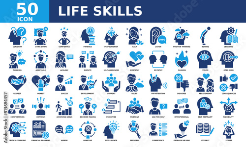 Life skills icon collection set. Simple color fill vector.