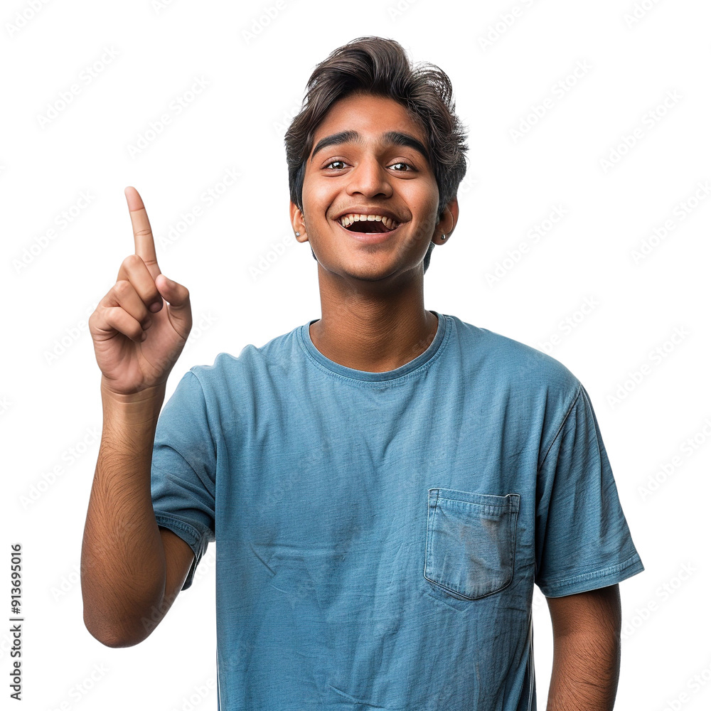 A young man is smiling and pointing his finger up A young man is smiling and pointing his finger up