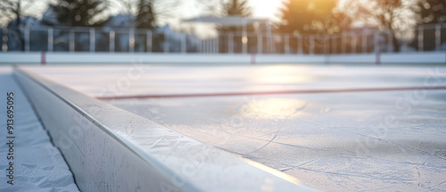 Empty Ice skating rink background with lights, decoration. Outdoor Christmas lesure. Happy winter holidays vacation. Generative ai