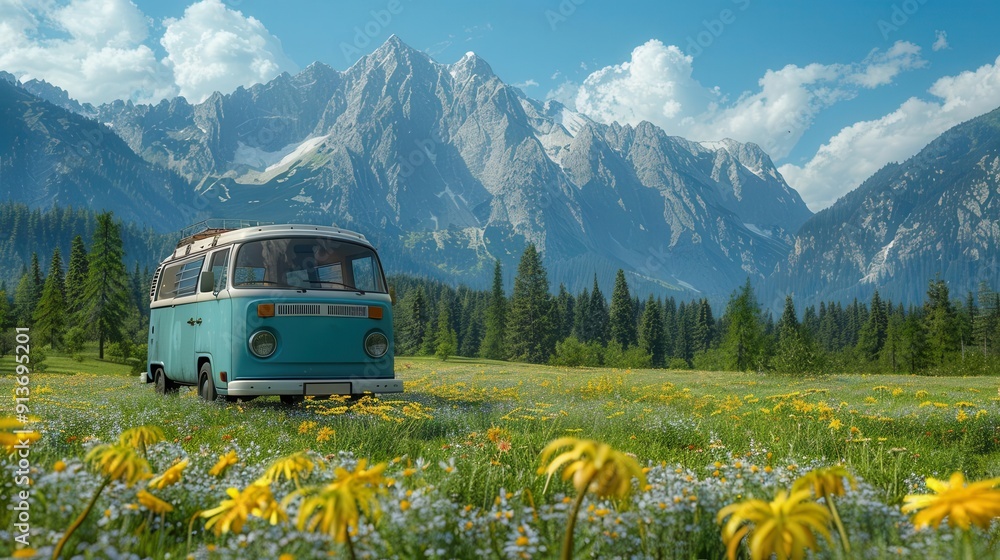 Scenic road trip van, meadows and mountains, 3D style, triadic colors Scenic road trip van, meadows and mountains, 3D style, triadic colors