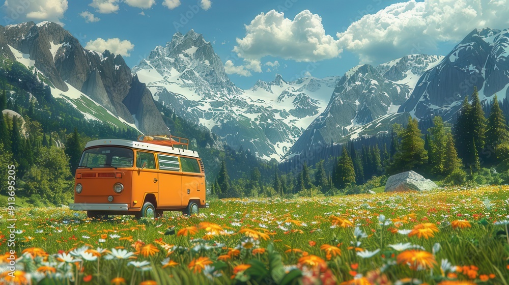 Scenic road trip van, meadows and mountains, 3D style, triadic colors Scenic road trip van, meadows and mountains, 3D style, triadic colors