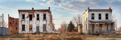 Deserted white brick multi story homes in the decaying urban landscape of a ghost town photo