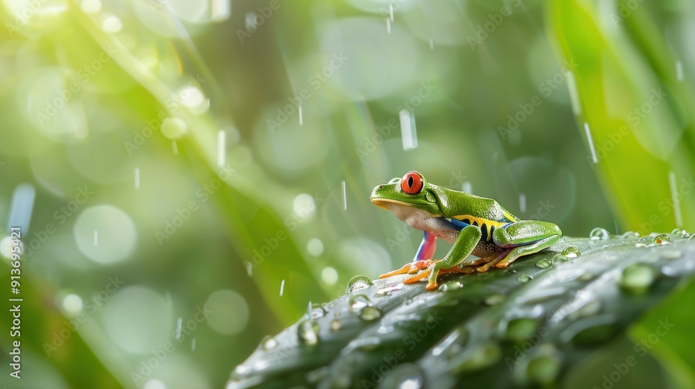Naklejka premium Red-Eyed Tree Frog in the Rain