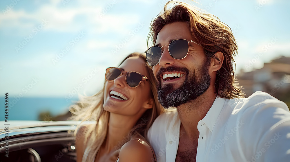 Happy couple wearing sunglasses in convertible car. Happy couple wearing sunglasses in convertible car.