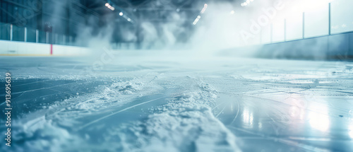 Professional ice rink sport arena.Hockey stadium with spotlights, steam. Ice textured background. Sport banner with copy space. Generative ai. photo